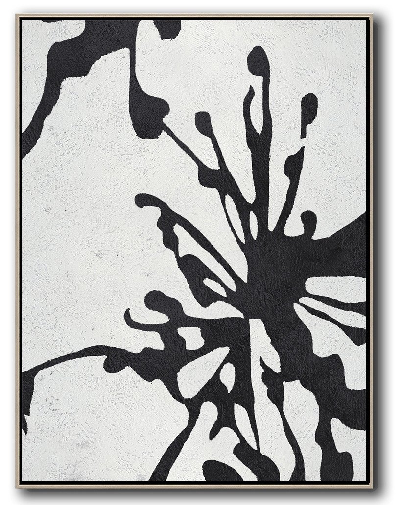 Hand-Painted Black And White Minimal Painting On Canvas - Abstract Oil Painting Kitchen Extra Large